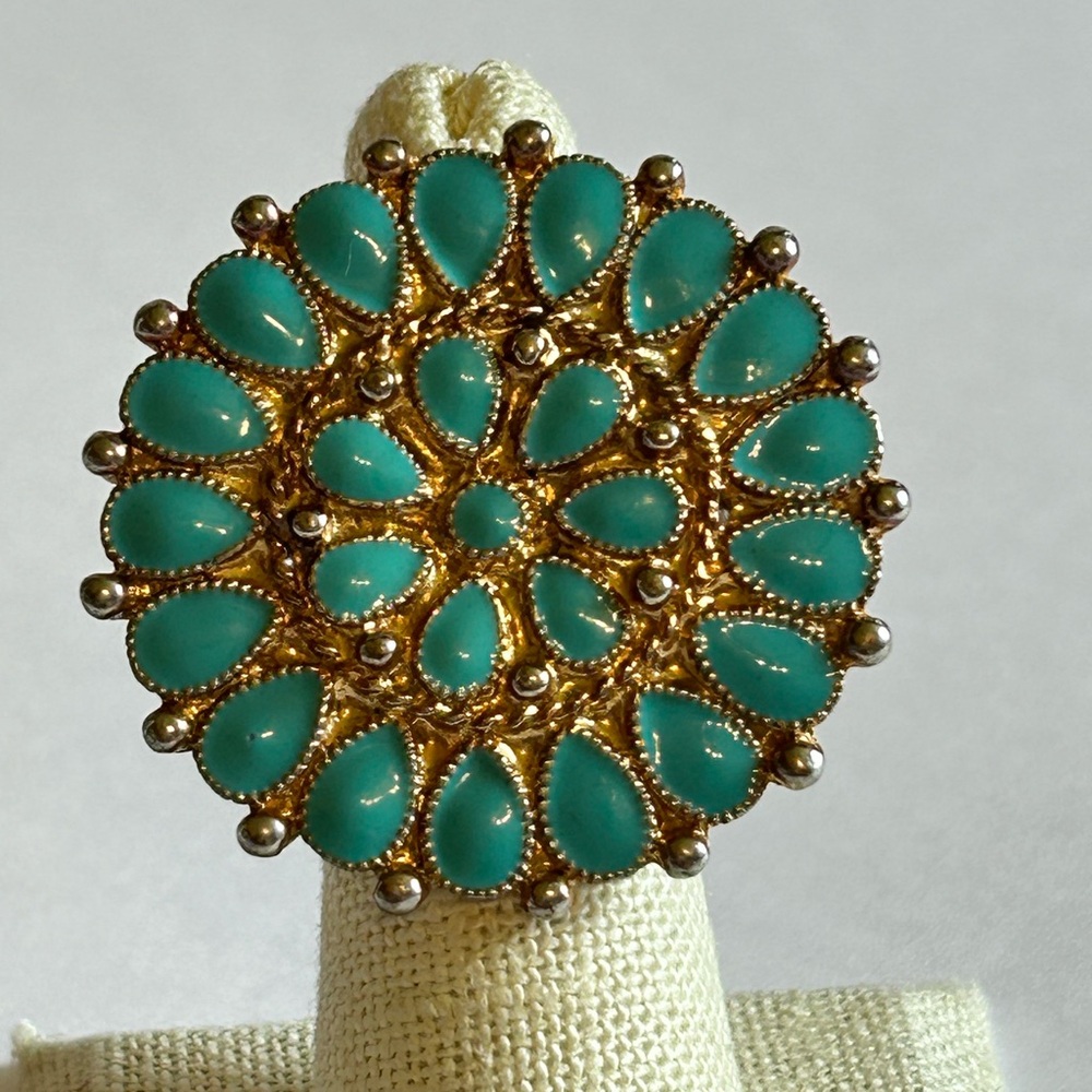 Large Faux Turquoise Cluster Ring Gold Tone Statement Native Inspired size 5
